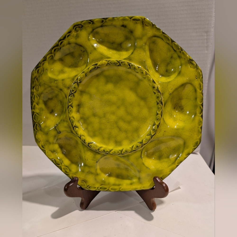 Vintage Italian Deviled Egg Yellow Ceramic Plate. Signed
